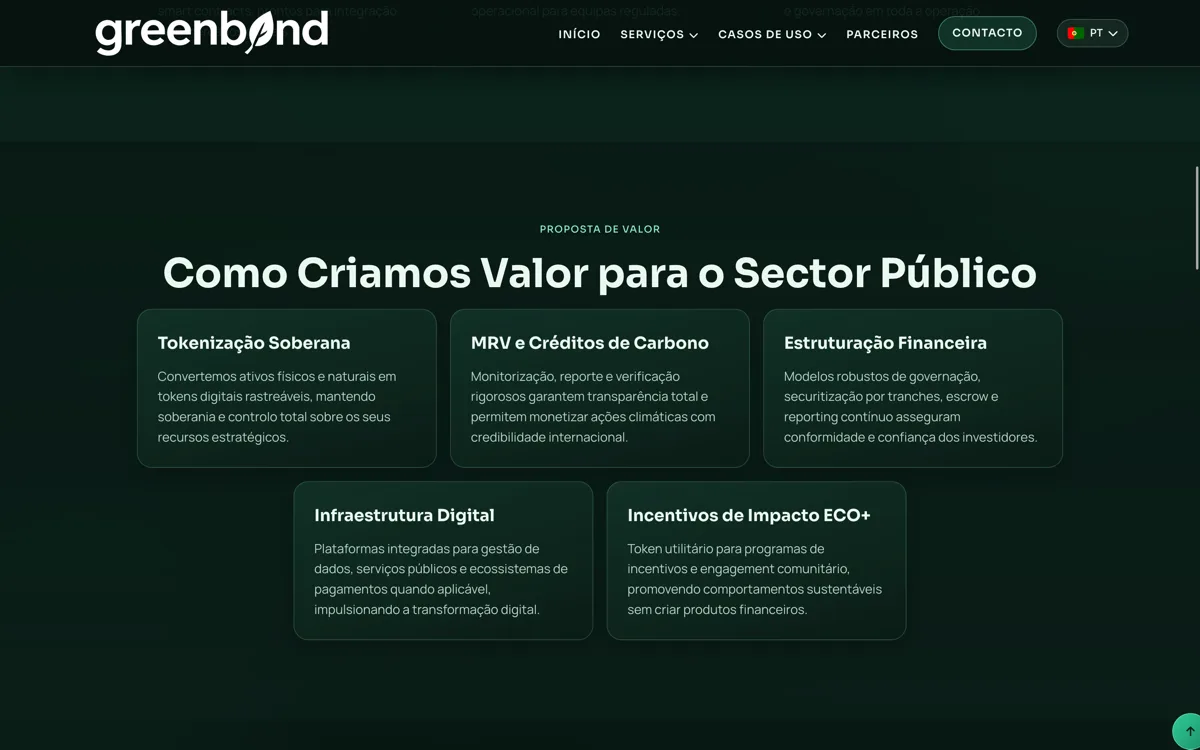 Plataforma Greenbond — interface limpa e institucional para gestão de ativos Web3